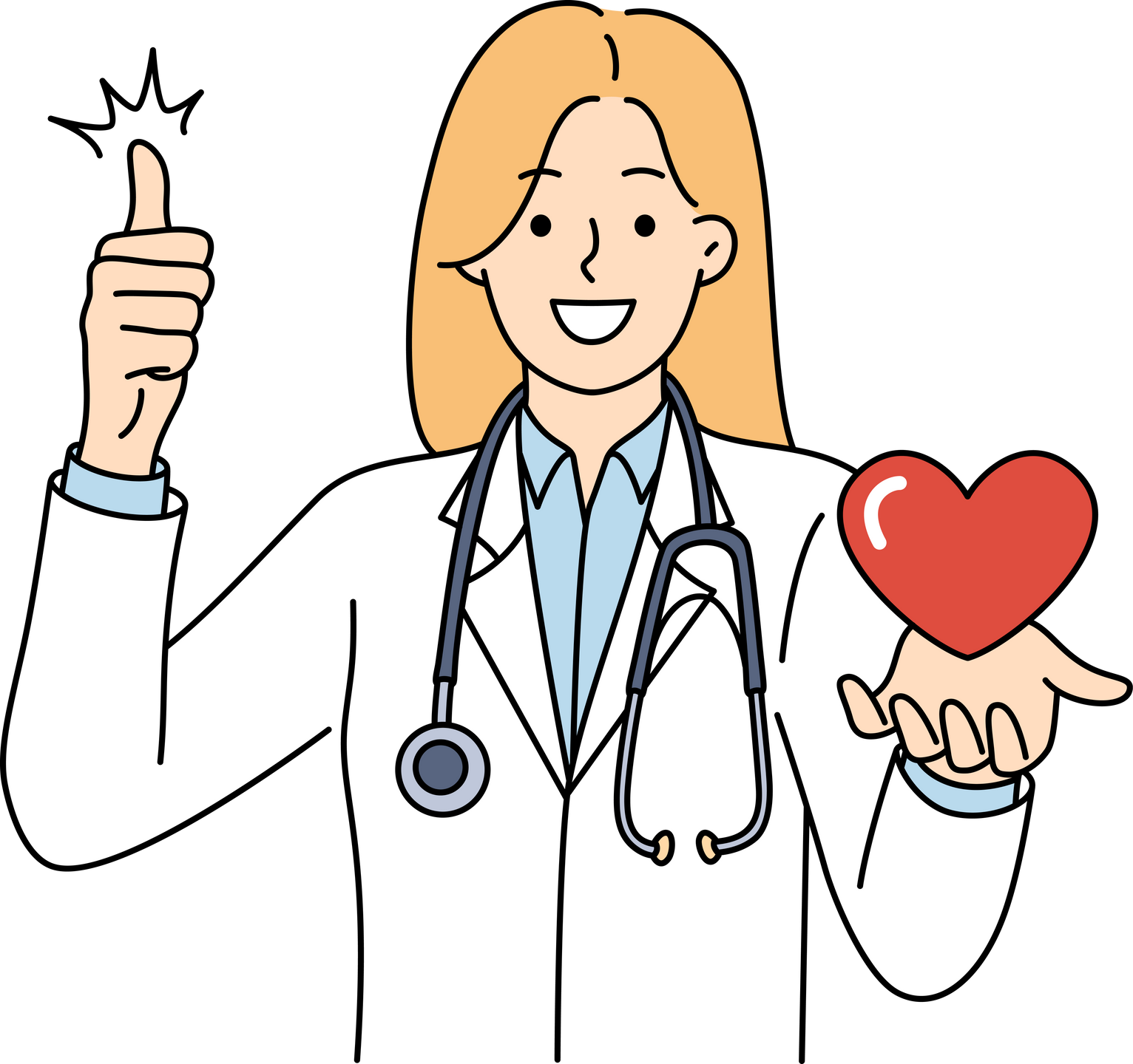 Woman doctor from in hospital with heart in hand smiling and showing thumb up